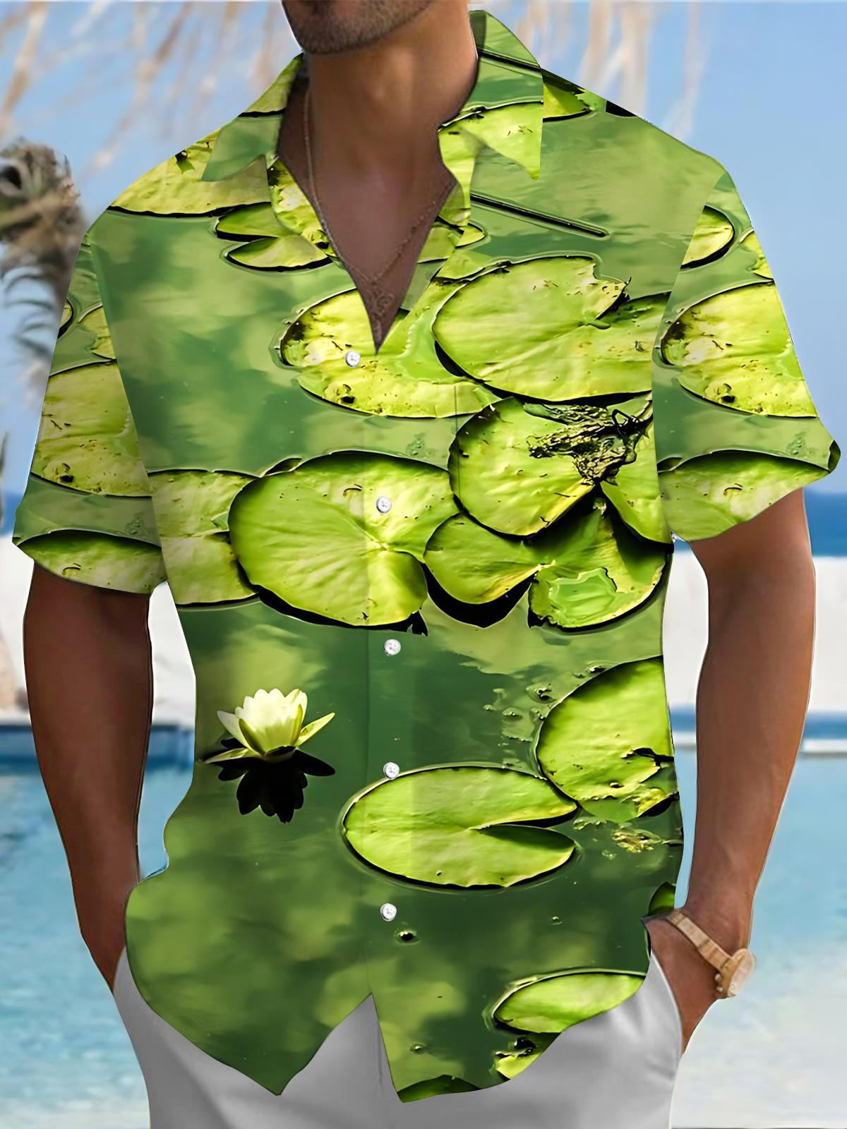 Lotus Leaf Print Men's Pocket Short Sleeve Shirts