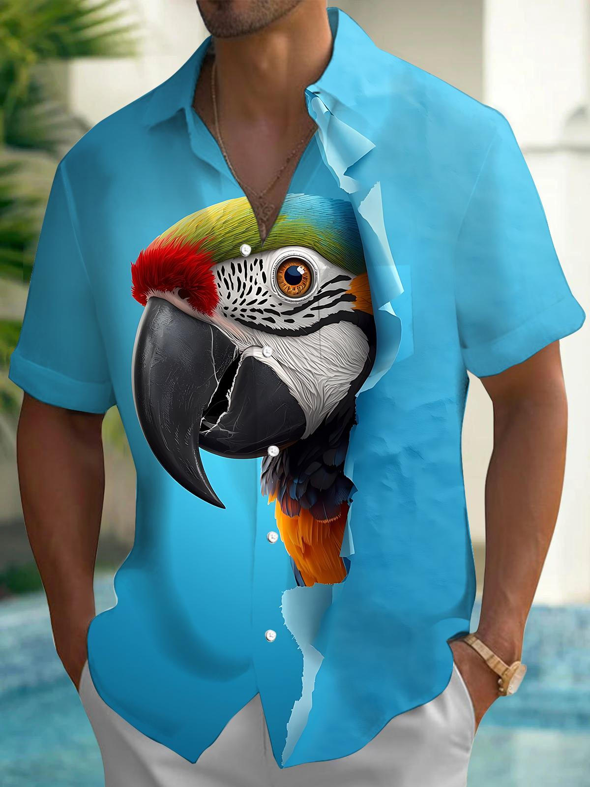 Parrot Print Men's Pocket Short Sleeve Shirts