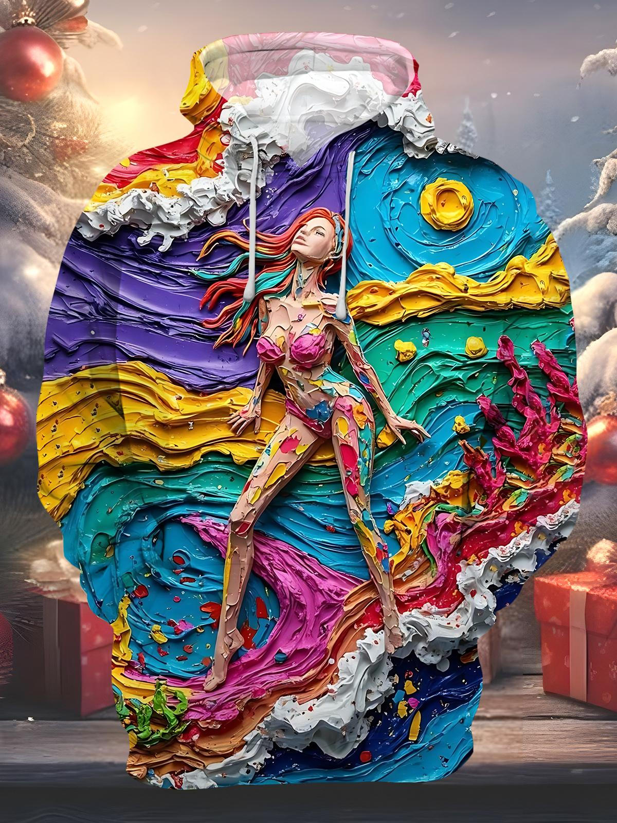 Oil Painting Art Print Men's Long Sleeve Printing Pocket Hooded Sweatshirt