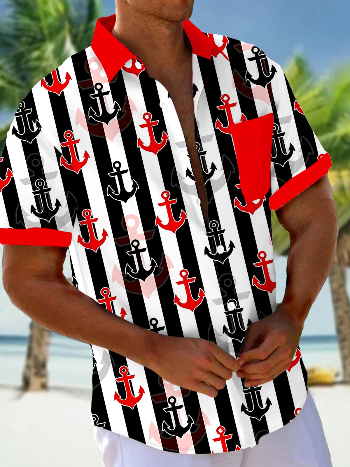 Anchor Print Men's Pocket Short Sleeve Shirts