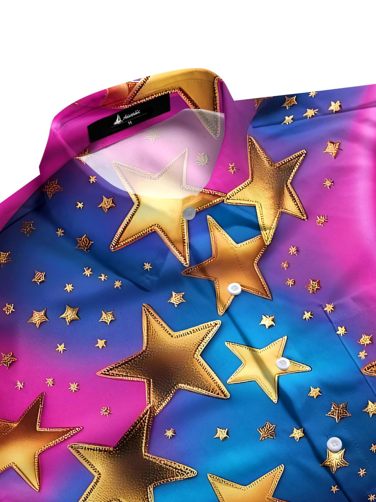 Gradient Star Print Men's Pocket Short Sleeve Shirts