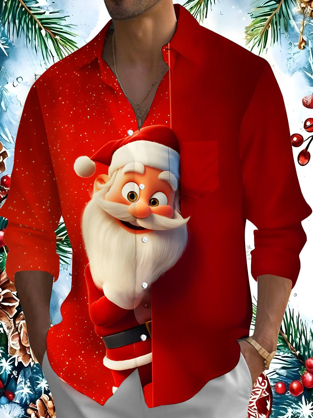 Funny Santa Claus Xmas Men's Pocket Long Sleeve Shirts