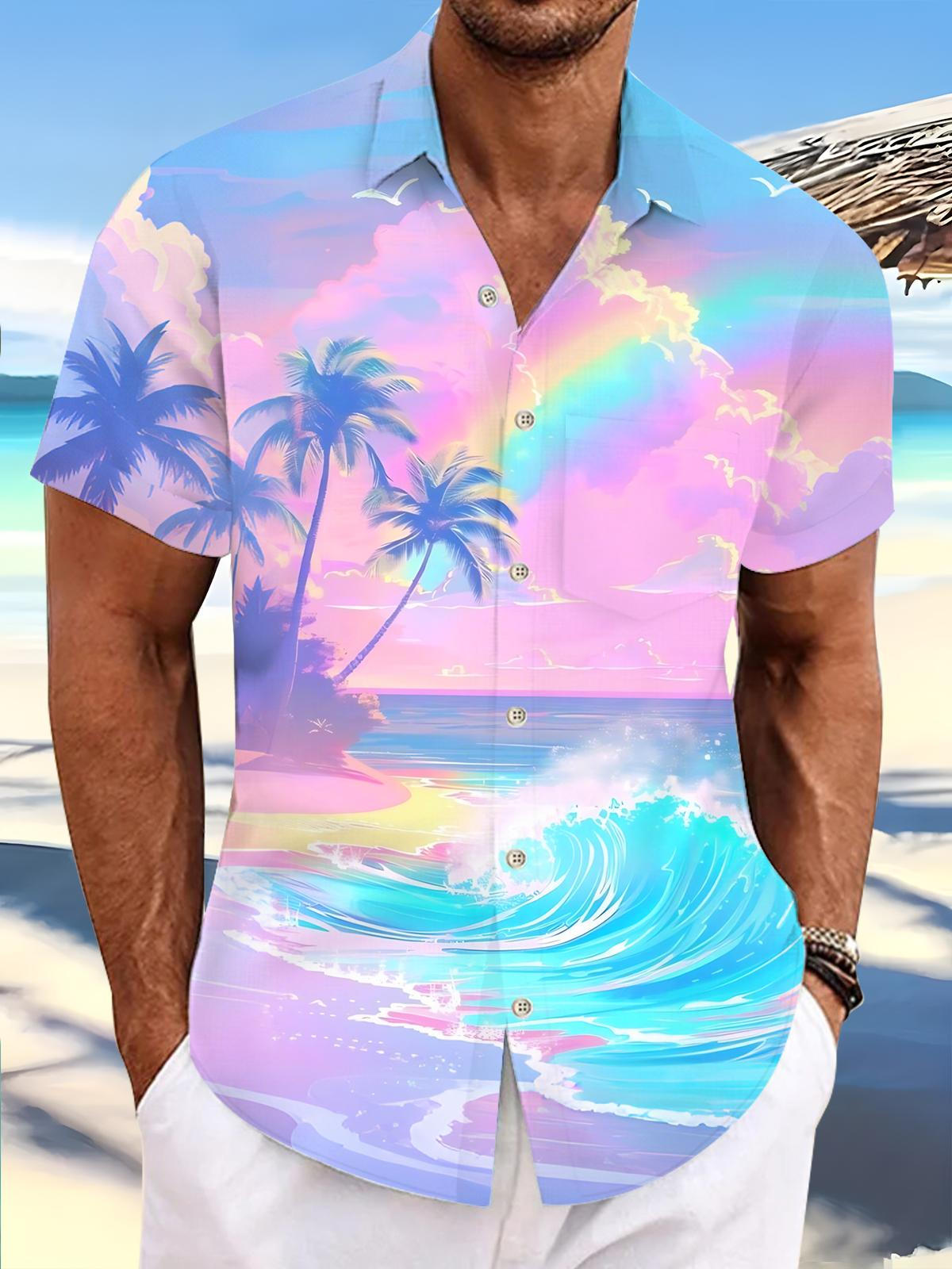 Hawaii Coconut Tree Rainbow Ocean Print Men's Pocket Short Sleeve Shirts