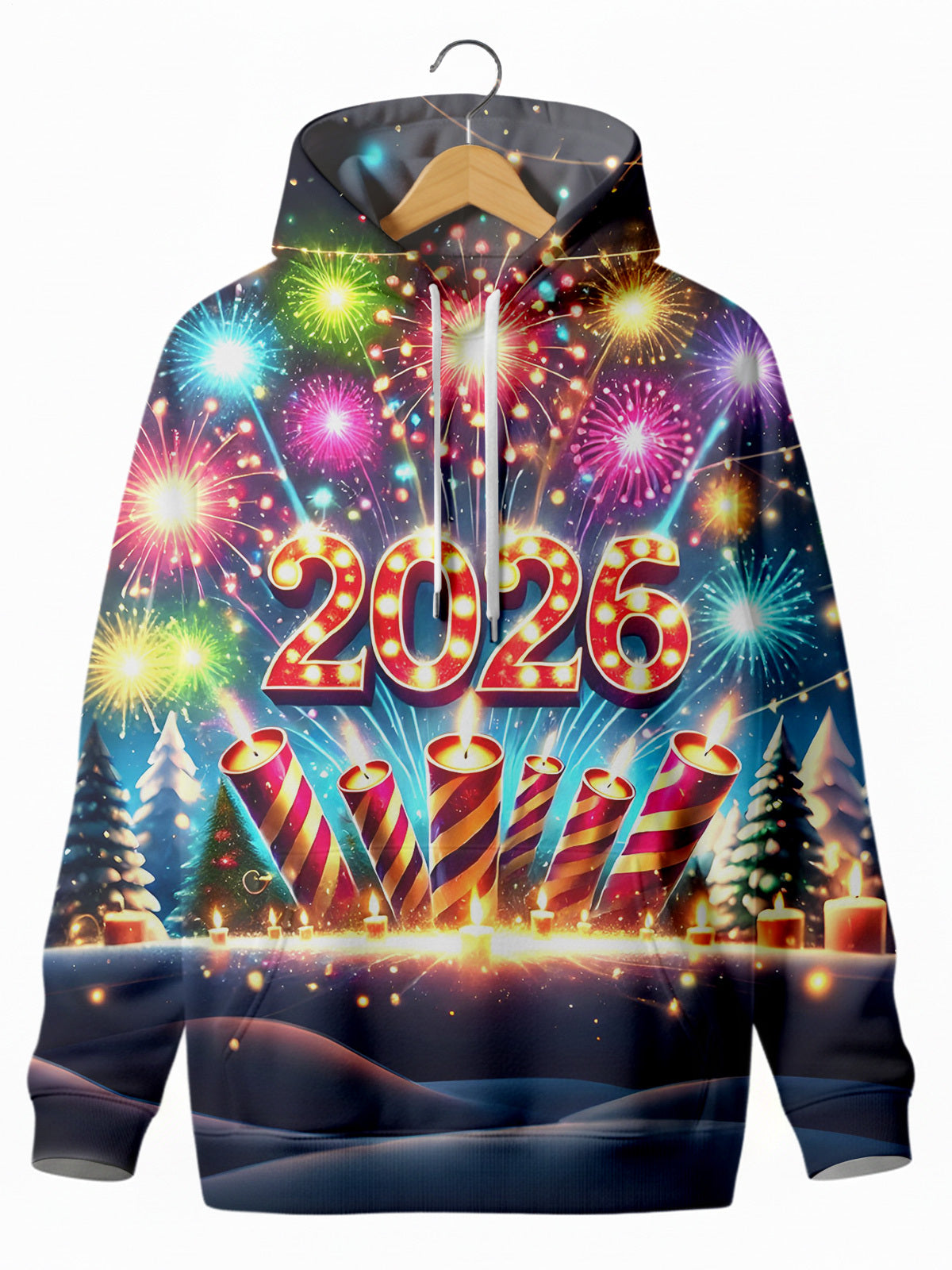 2026 New Year Firework Men's Long Sleeve Printing Pocket Hooded Sweatshirt