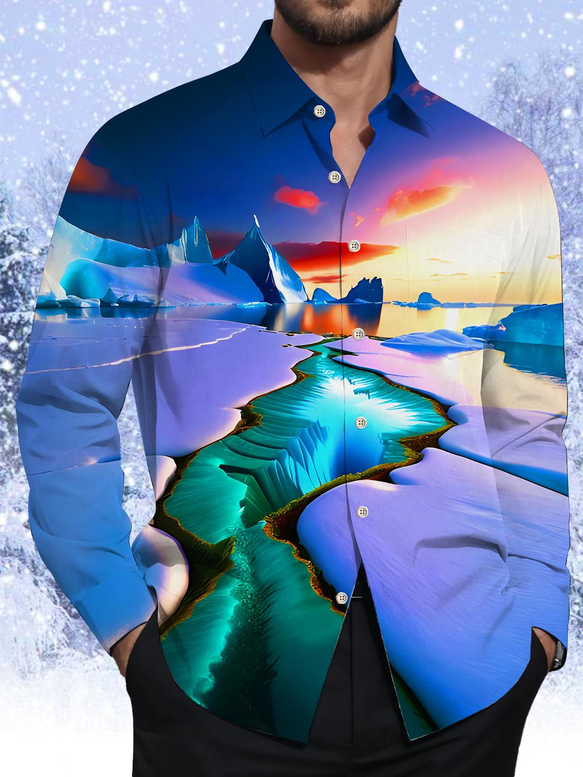 Fantasy Polar Glaciers Light Shadow Men's Pocket Long Sleeve Shirts