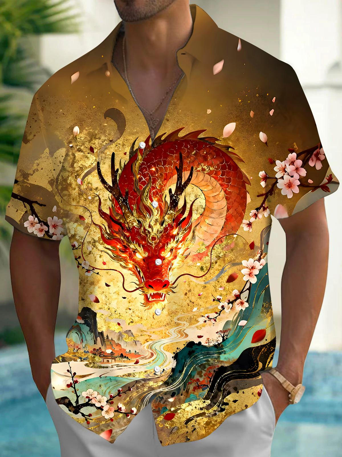 Dragon Floral Men's Pocket Short Sleeve Shirts