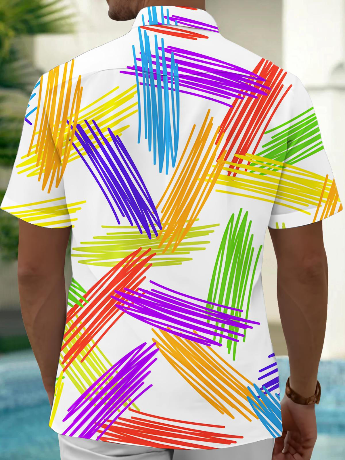 Colorful Geometric Line Print Men's Pocket Short Sleeve Shirts