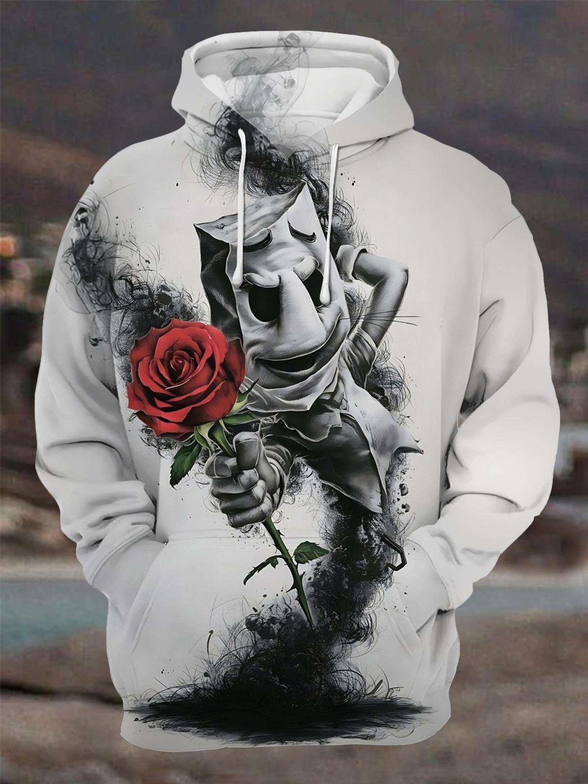 Sad Mask Rose Art Print Men's Long Sleeve Printing Pocket Hooded Sweatshirt