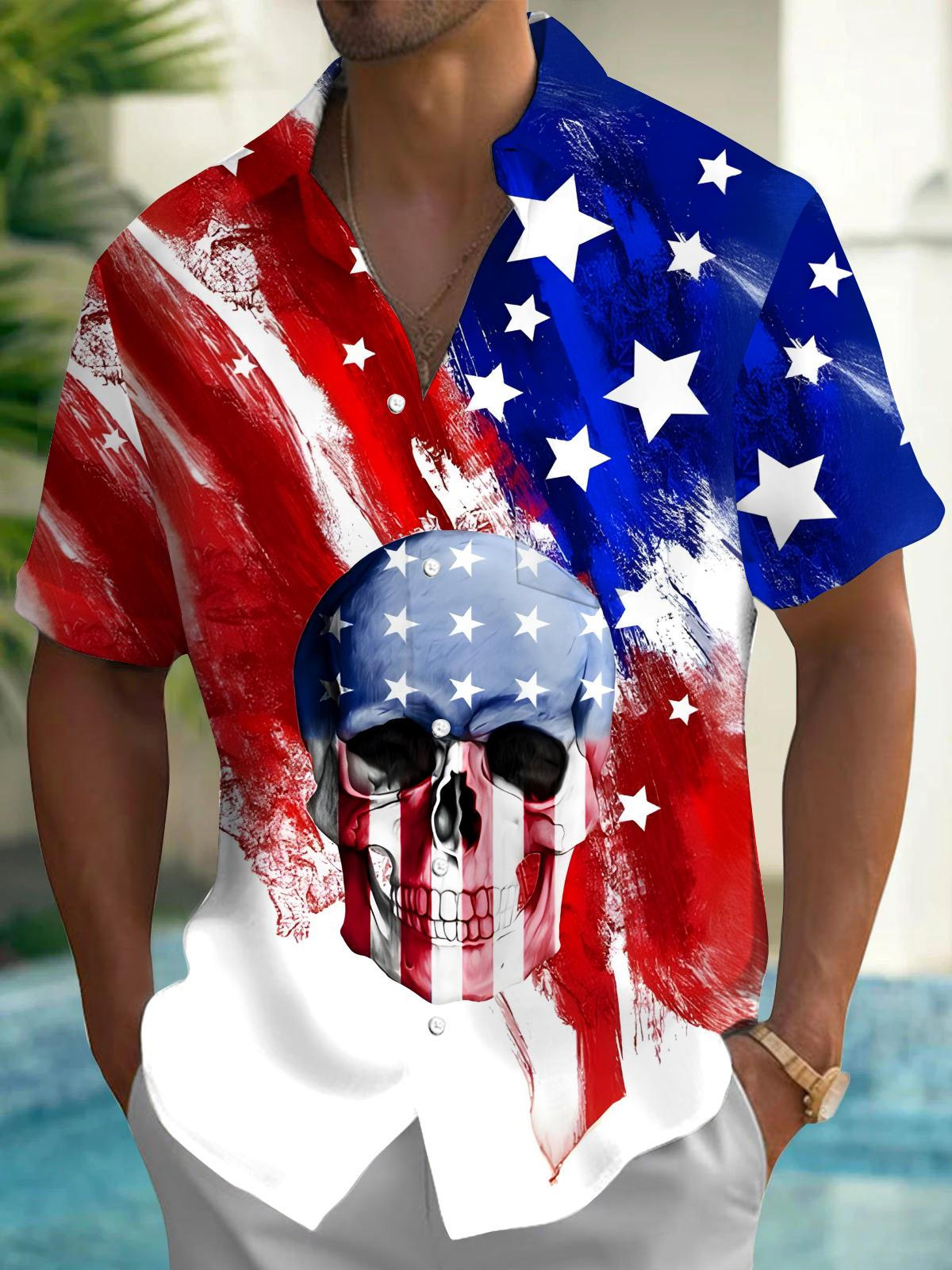 Independence Day Skull Men's Pocket Short Sleeve Shirts