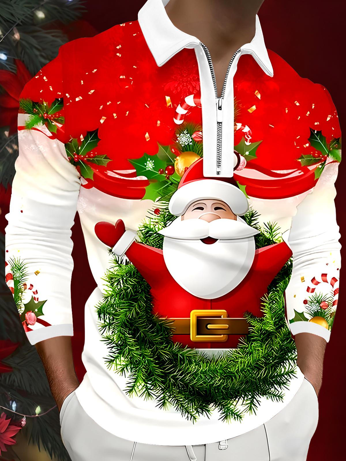 Christmas Santa Claus Men's Long Sleeve Zipper Polo