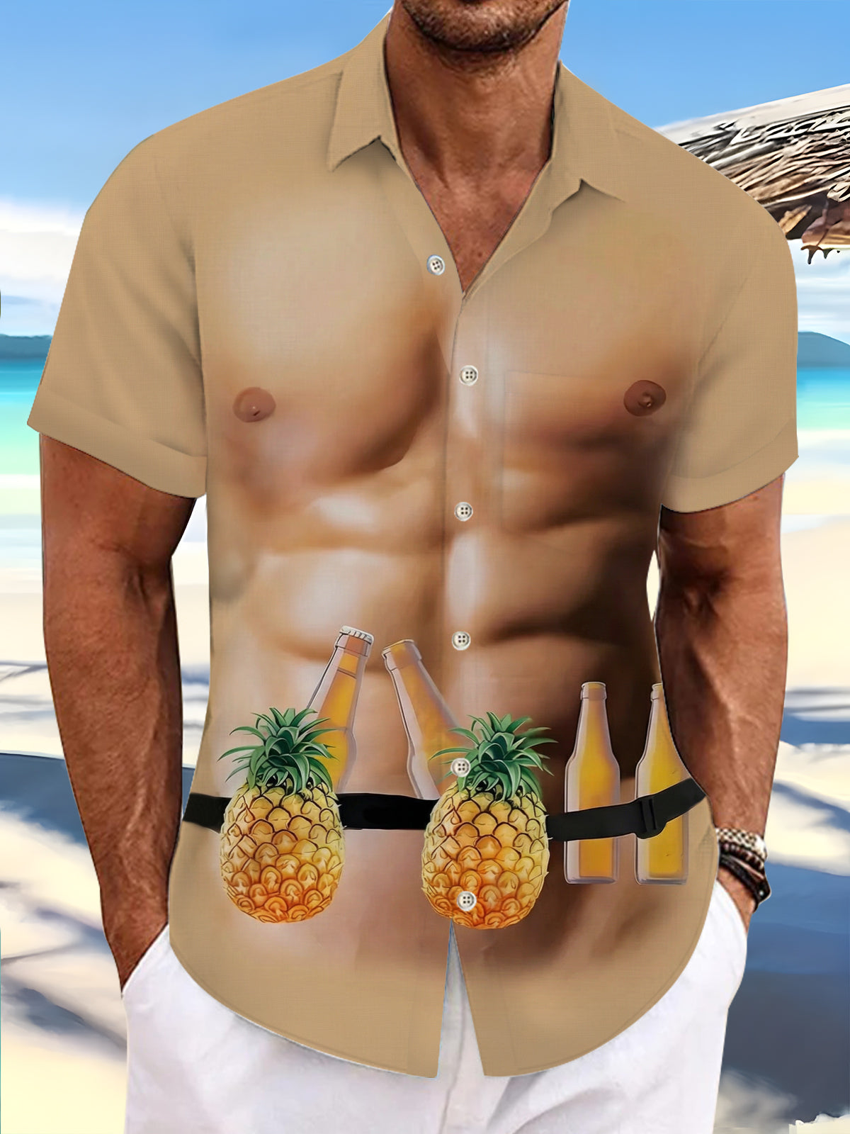 Muscle Pineapple Beer Print Men's Pocket Short Sleeve Shirts