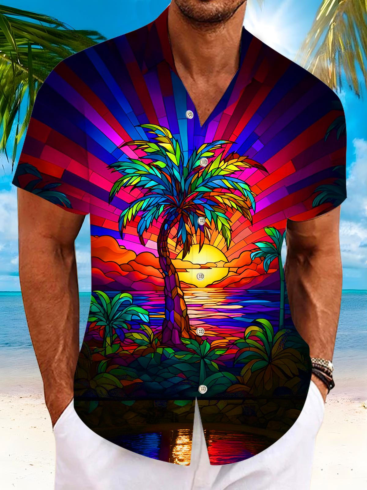 Hawaiian Coconut Tree Sunset Men's Pocket Short Sleeve Shirts