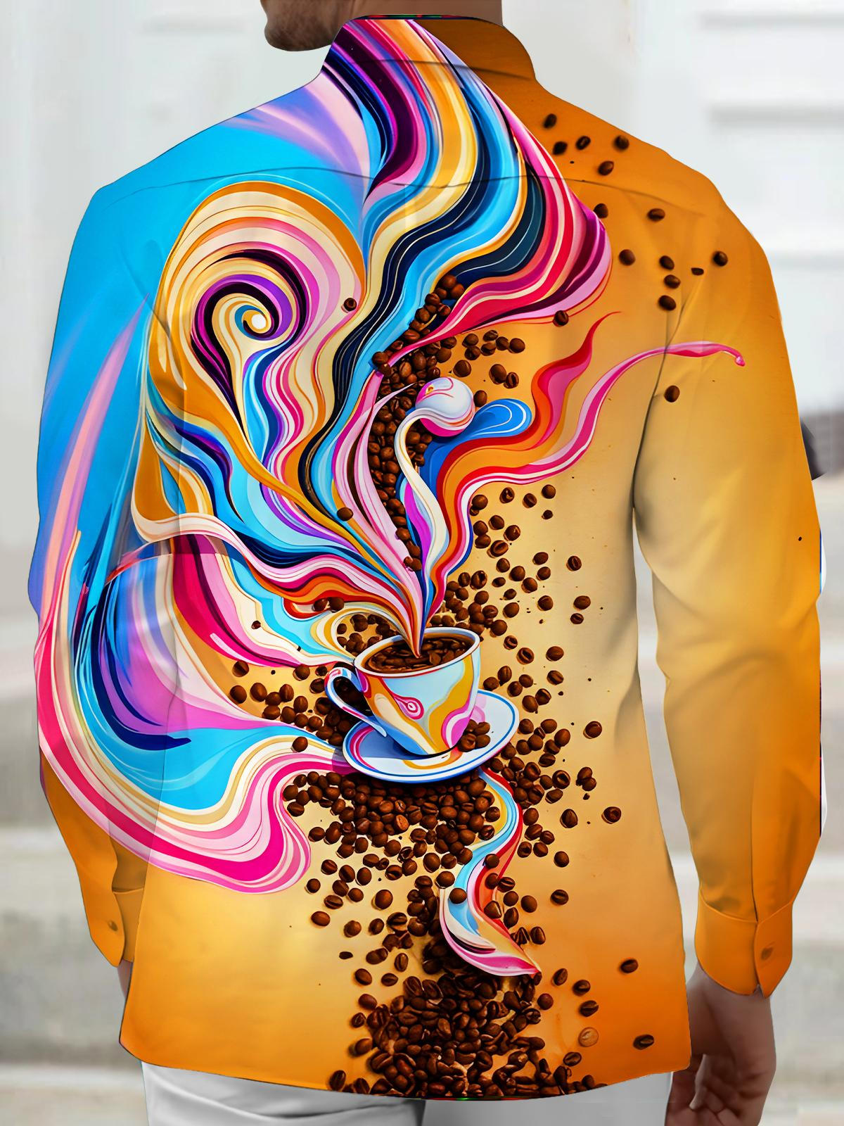 Fun Colorful Flowing Coffee Beans Men's Pocket Long Sleeve Shirts