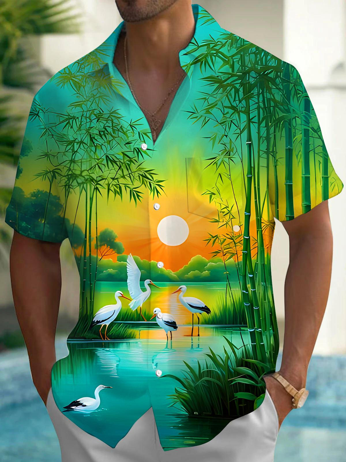 Bamboo Forest Crane Sunset Landscape Men's Pocket Short Sleeve Shirts