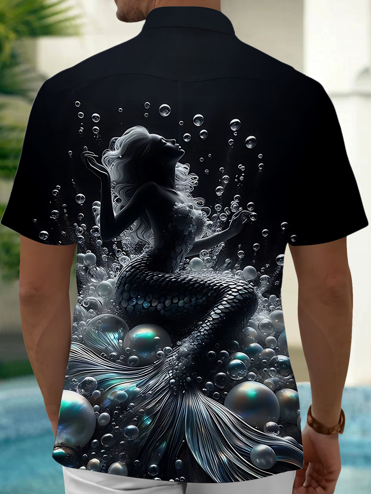 Mermaid Print Men's Pocket Short Sleeve Shirts