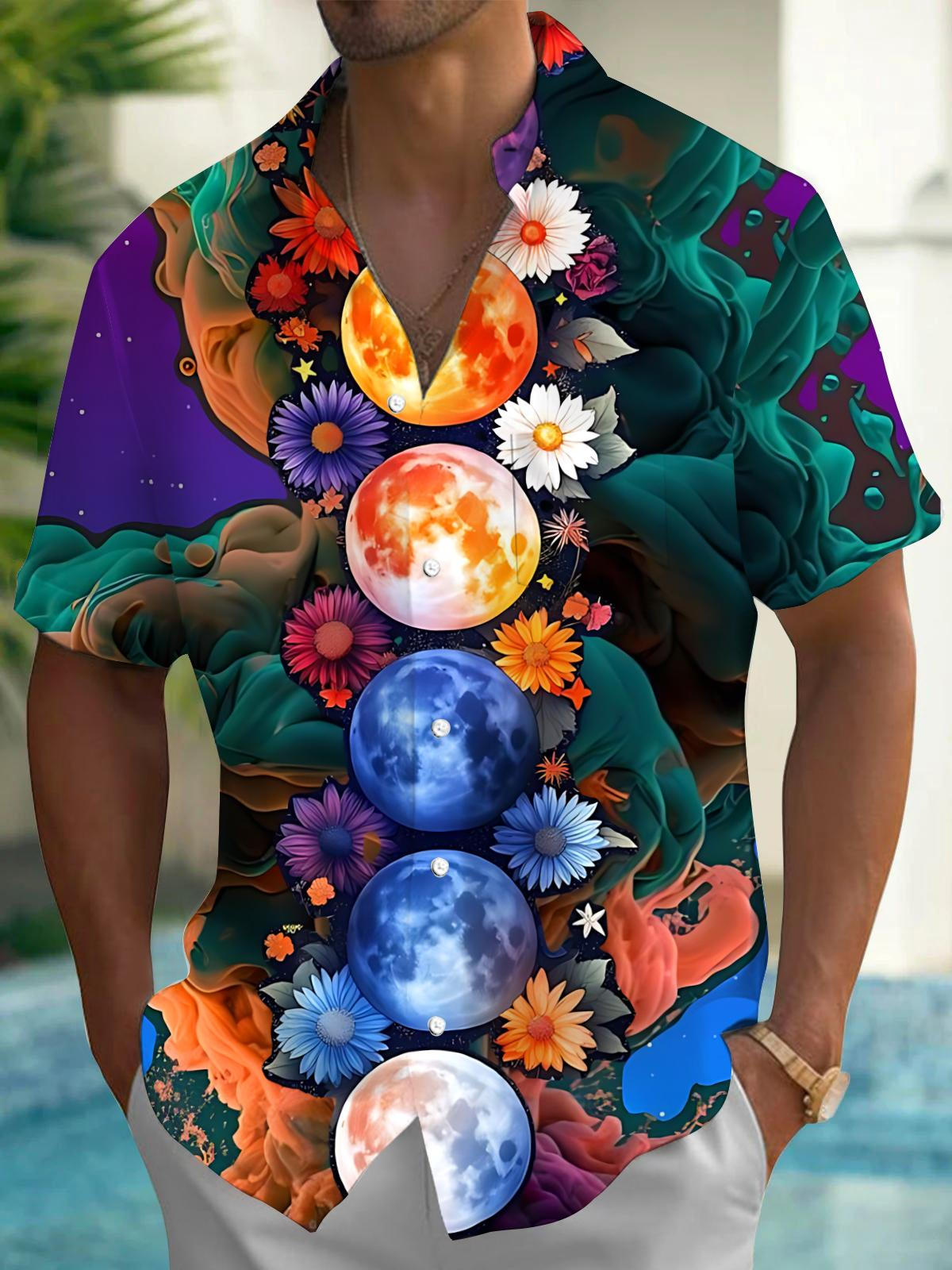 Moon Flower Print Men's Pocket Short Sleeve Shirts