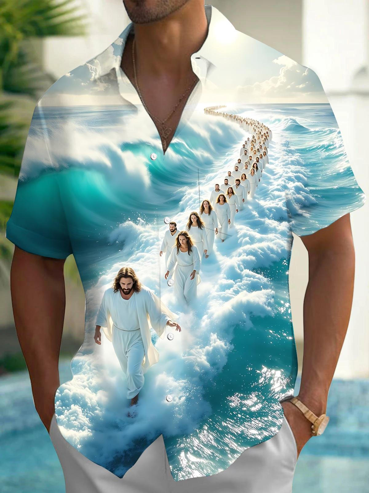 Christian Jesus Ocean Print Men's Pocket Short Sleeve Shirts