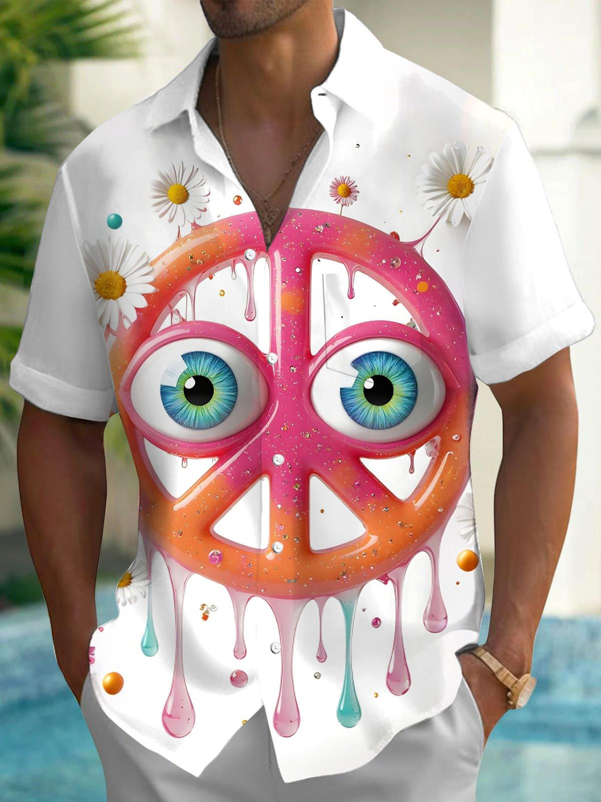 Funny Peace Sign Eye Print Men's Pocket Short Sleeve Shirts