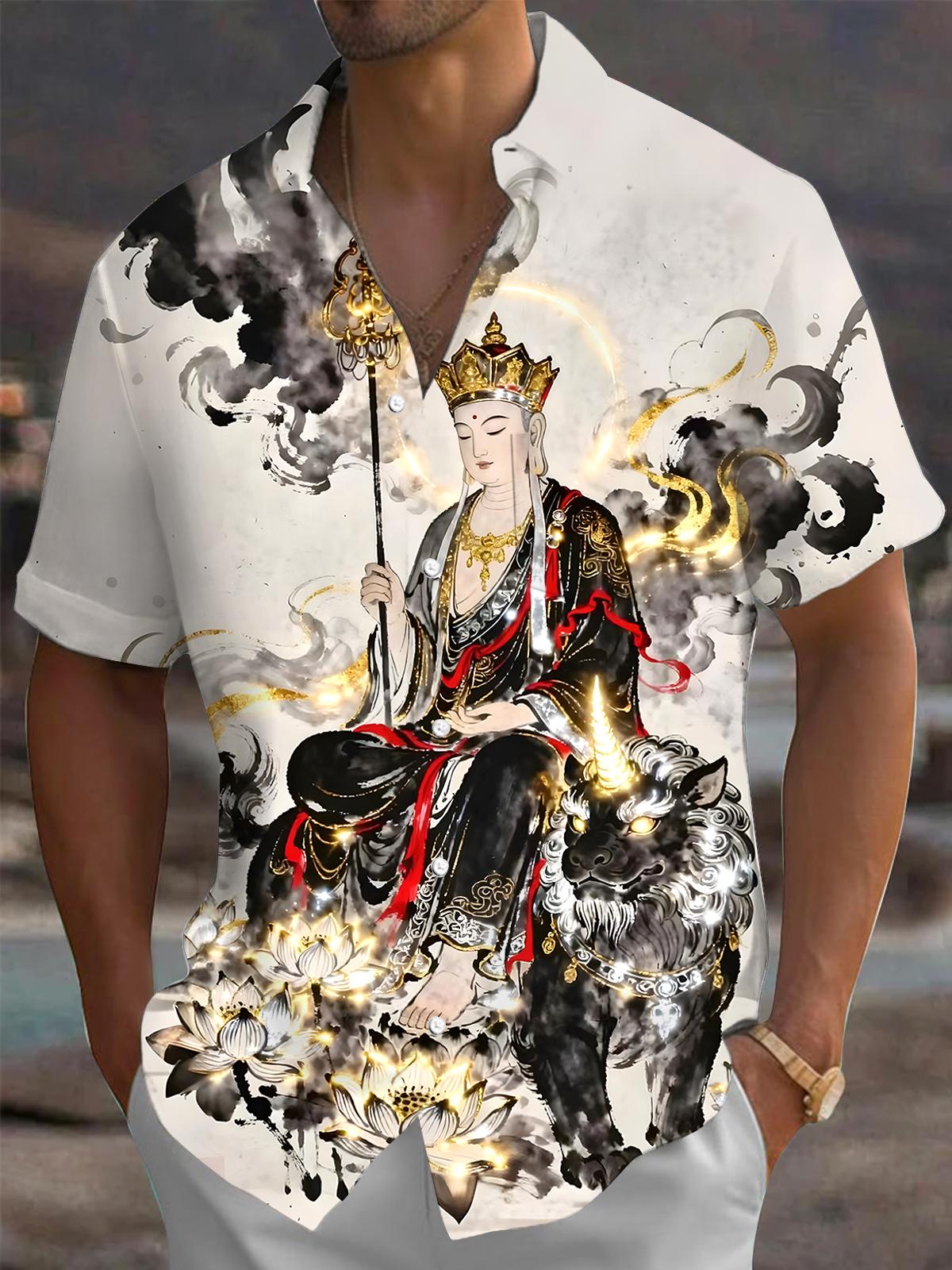 Religion Buddhism Kṣitigarbha Bodhisattva Lotus Men's Pocket Short Sleeve Shirts