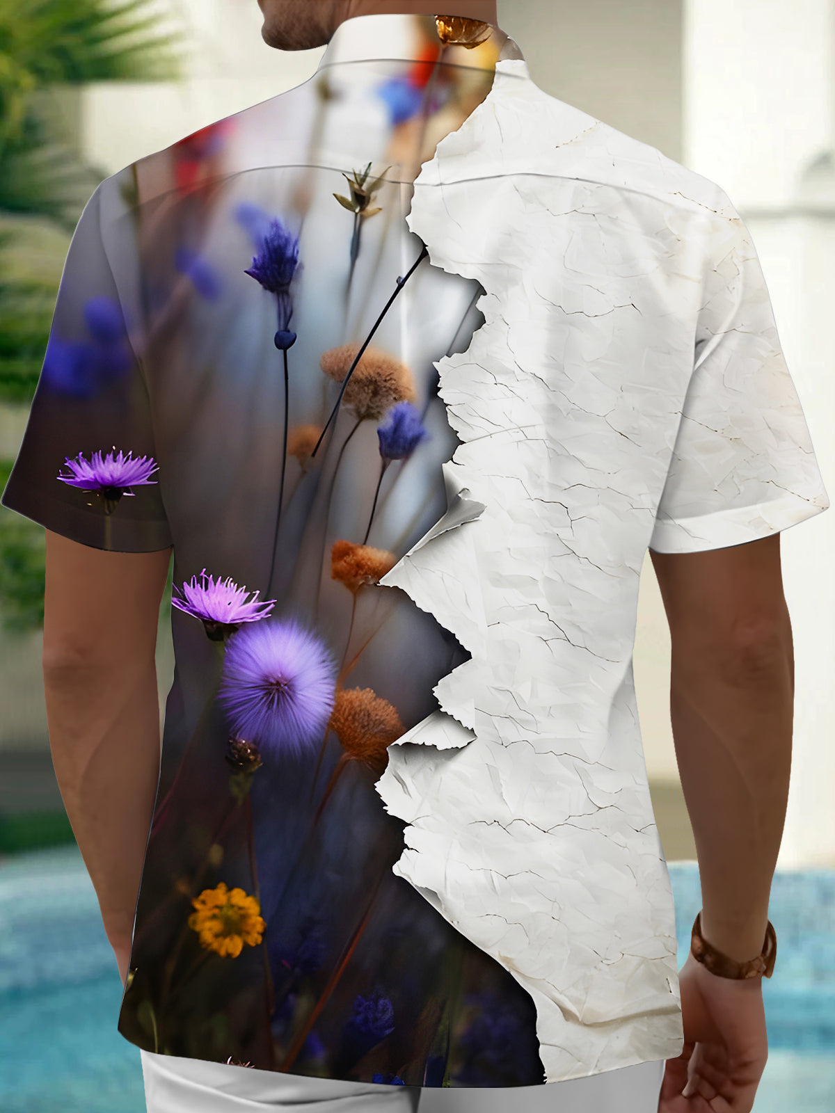 Torn Old Paper With Wildflowers Men's Pocket Short Sleeve Shirts