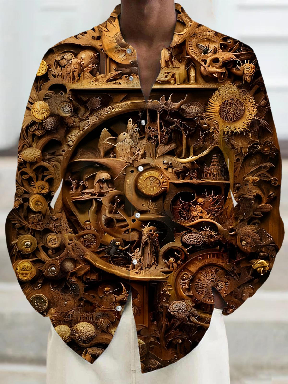 Vintage Craftsmanship Wood Carving Art Men's Pocket Long Sleeve Shirts