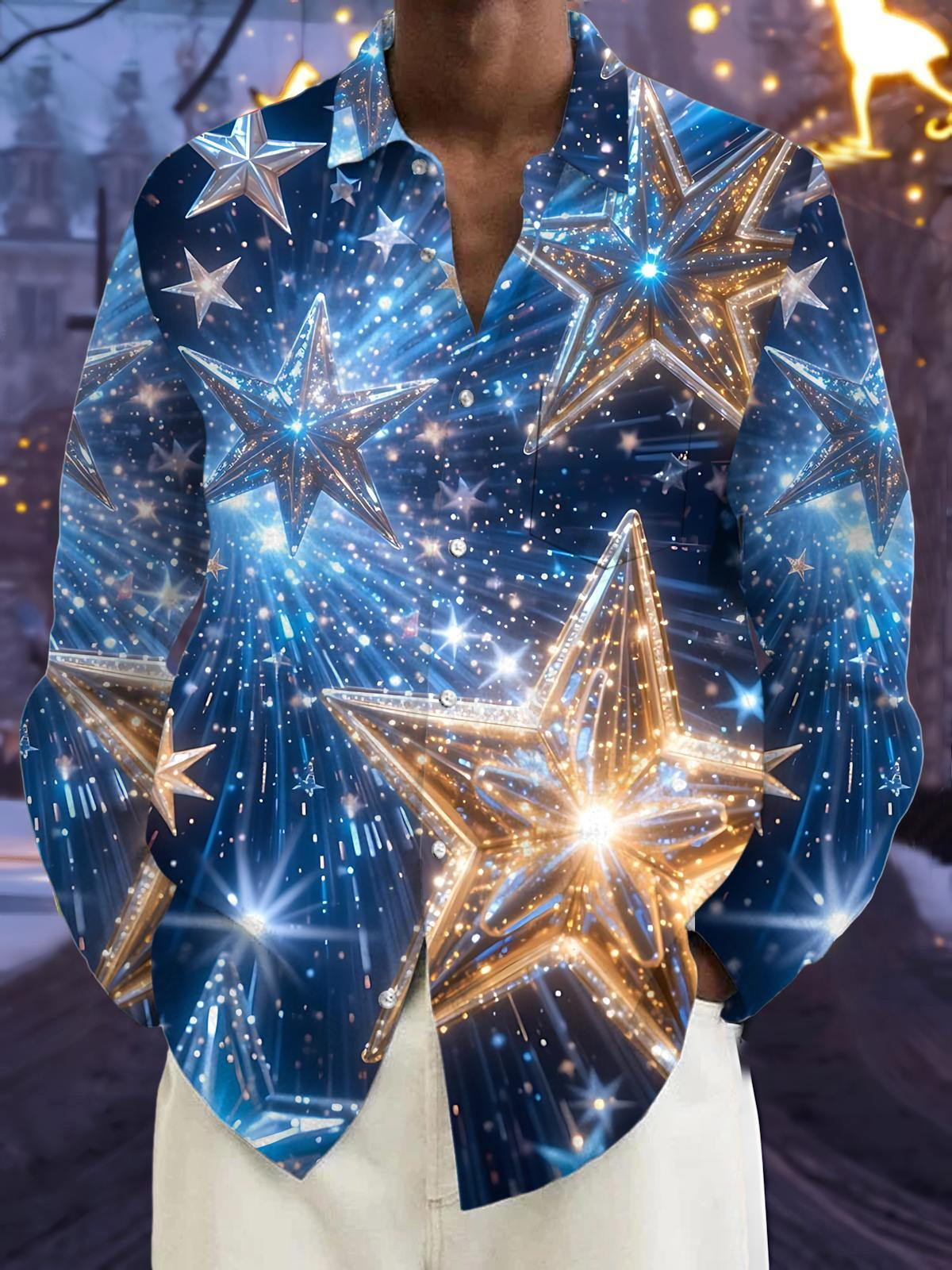 Sparkly Star Print Men's Pocket Long Sleeve Shirts