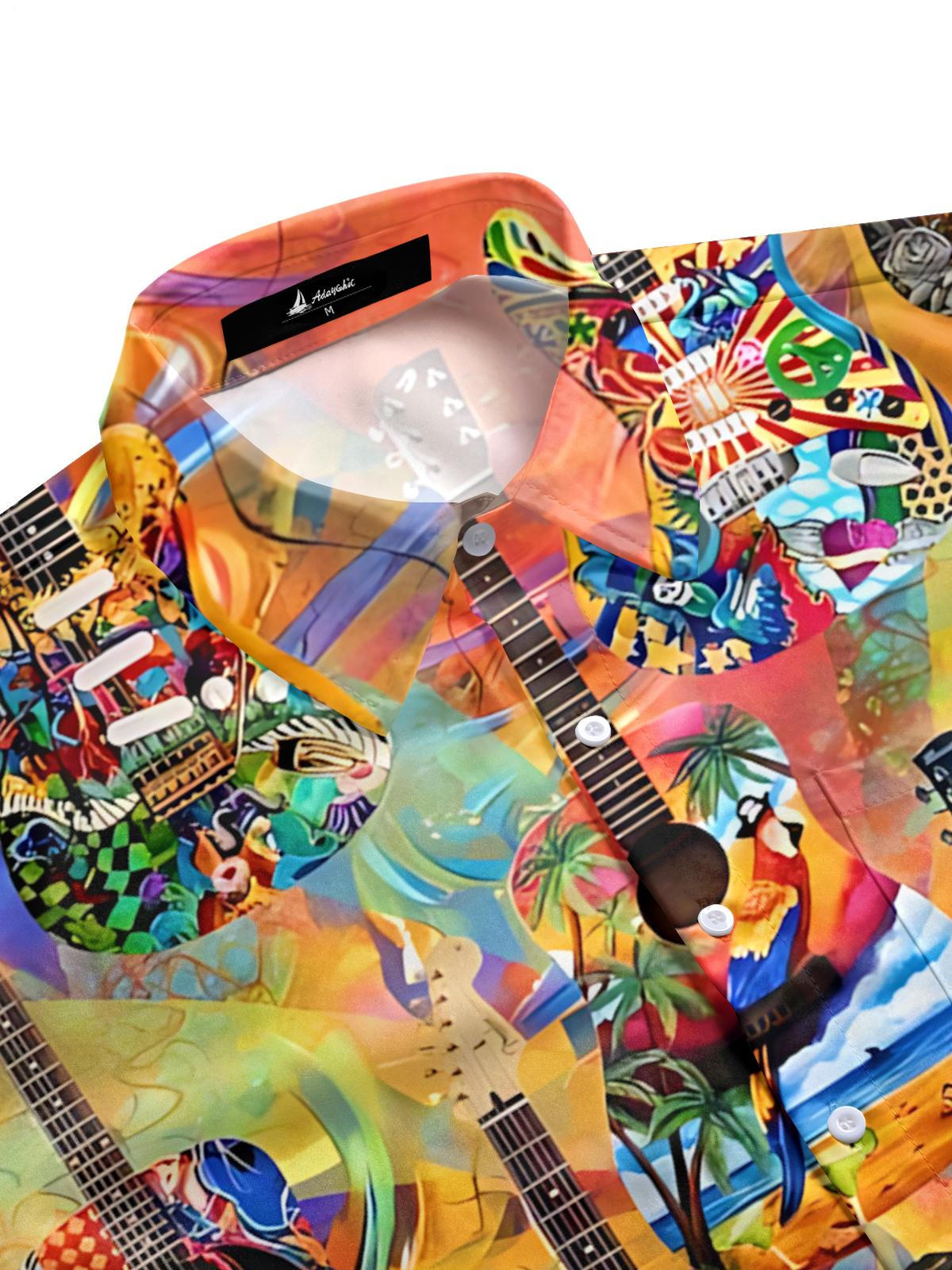 Hawaiian Guitar Print Men's Pocket Short Sleeve Shirts