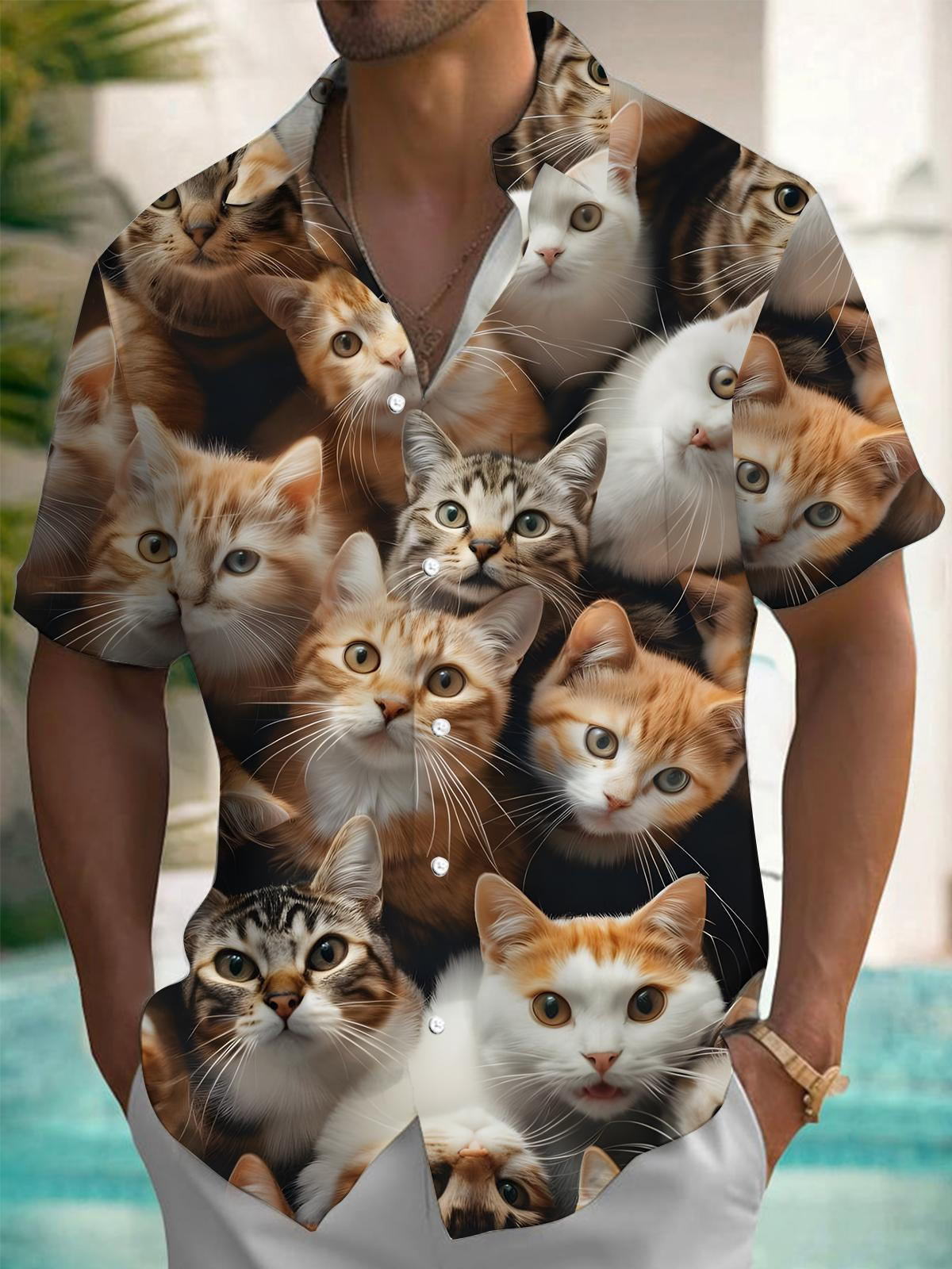 Cat Print Men's Pocket Short Sleeve Shirts