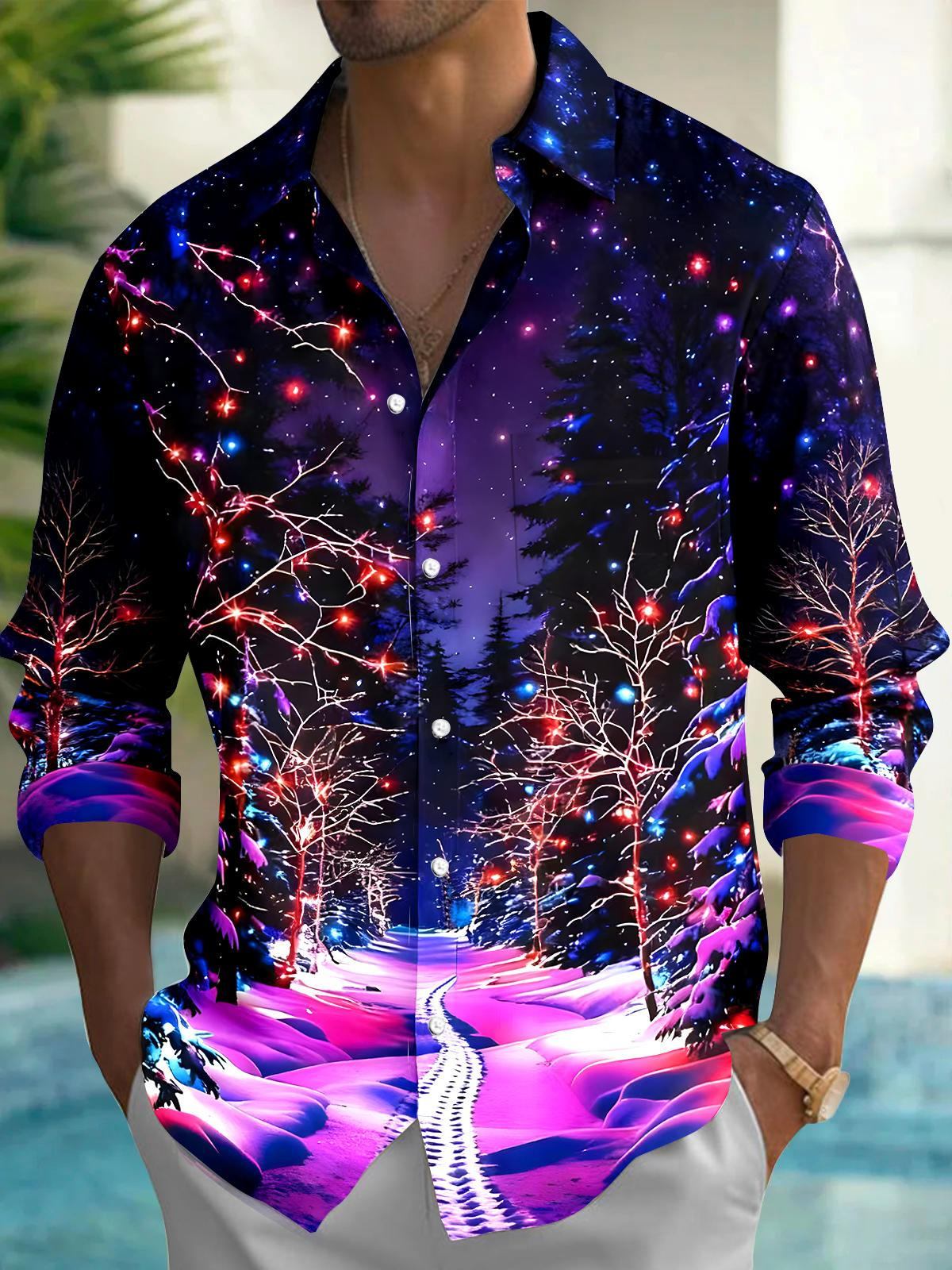 Winter Christmas Tree Men's Pocket Long Sleeve Shirts