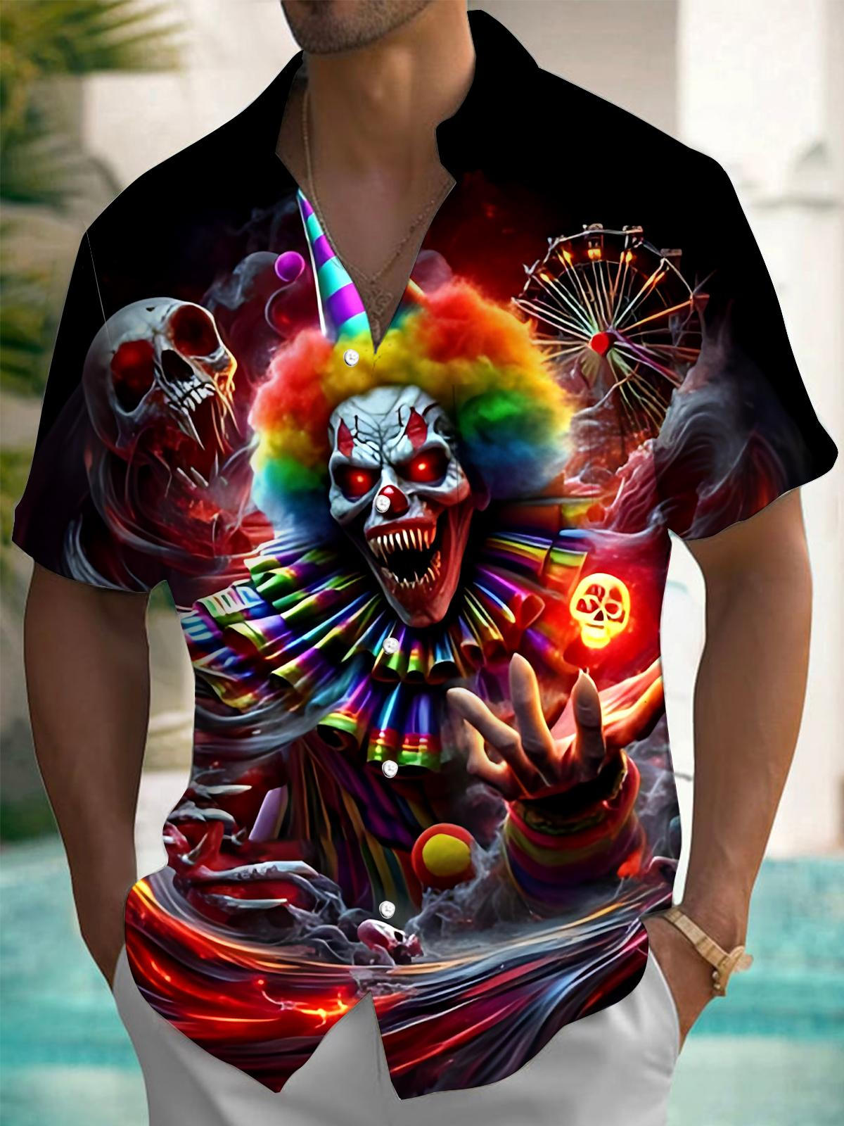Clown Skull Print Men's Pocket Short Sleeve Shirts