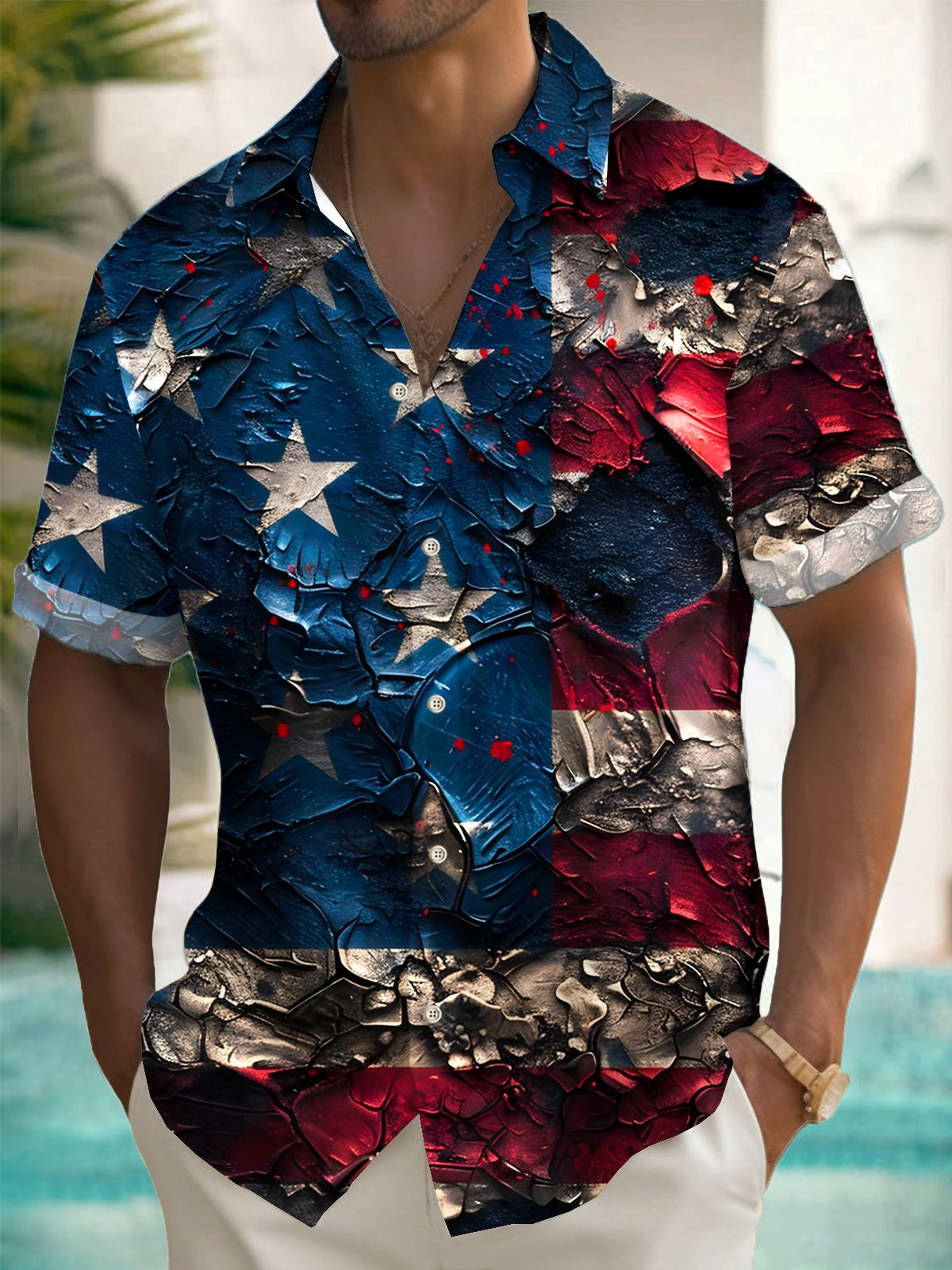 American Flag Print Men's Pocket Short Sleeve Shirts