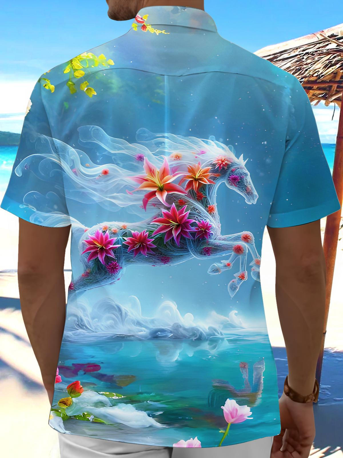 Art Running Flower Horse Men's Pocket Short Sleeve Shirts