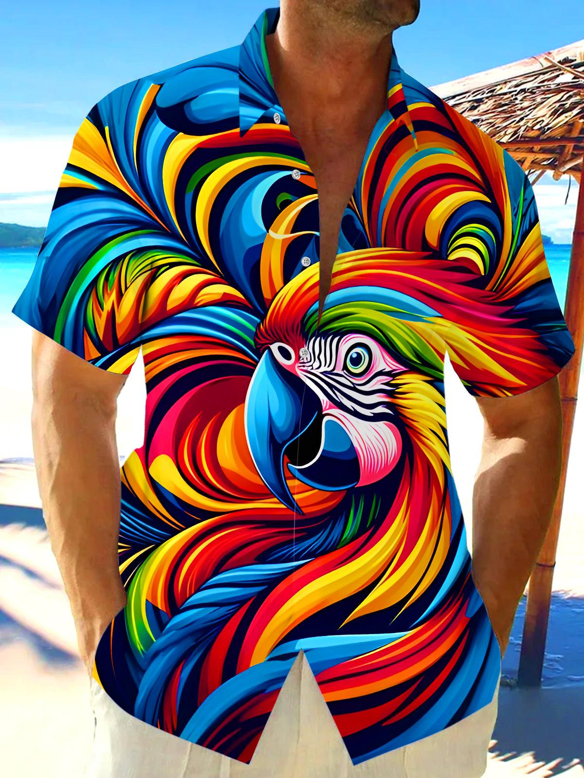 Hawaiian Colorful Parrot Men's Pocket Short Sleeve Shirts