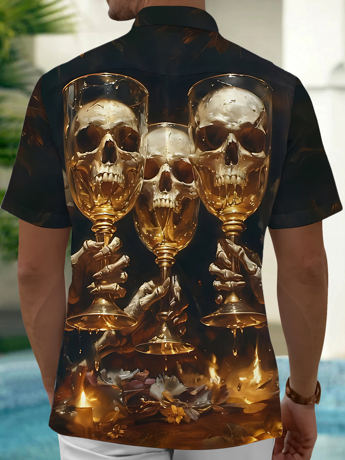 Skull Wine Glass Print Men's Pocket Short Sleeve Shirts