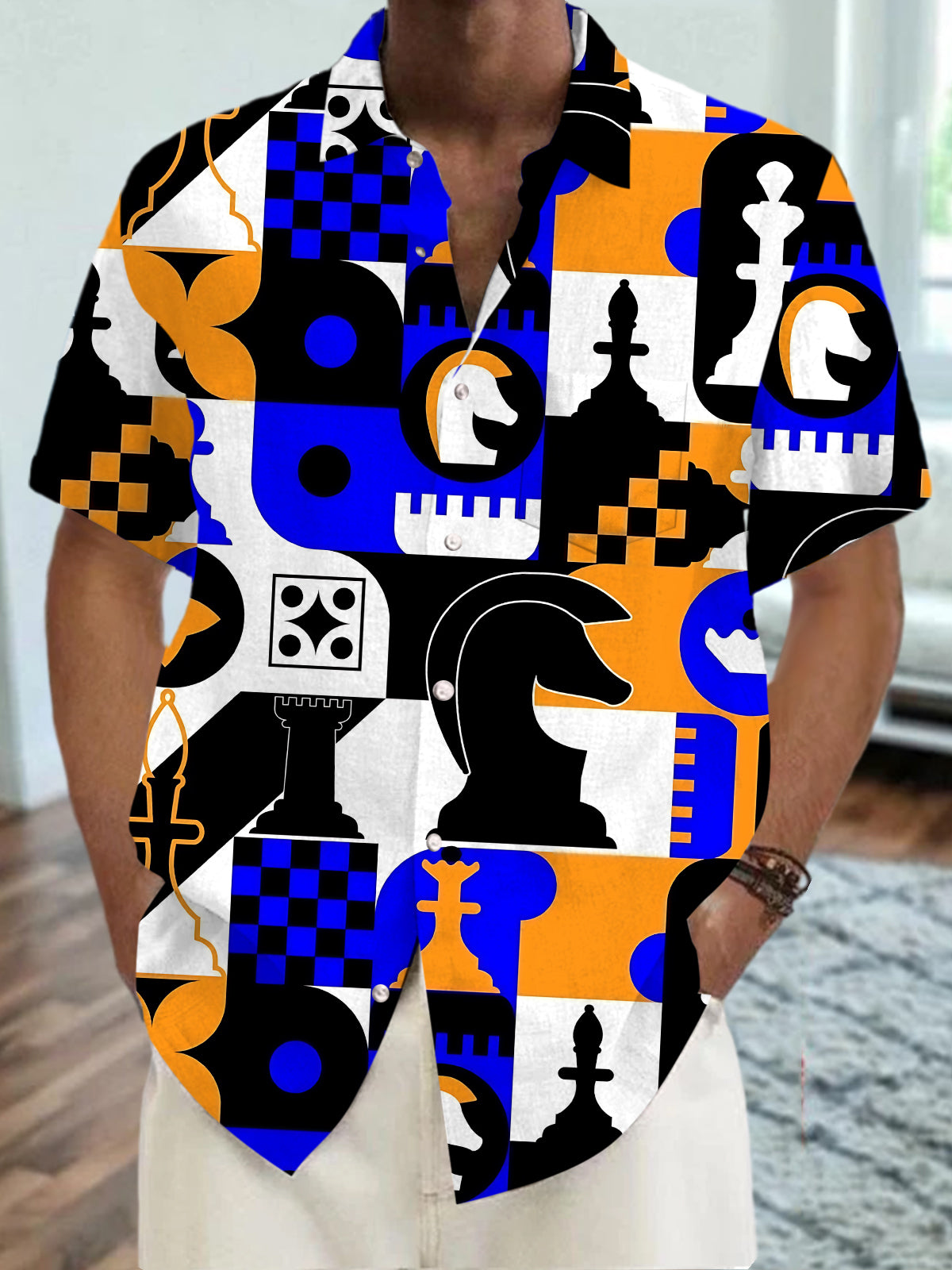 Chess Print Men's Pocket Short Sleeve Shirts