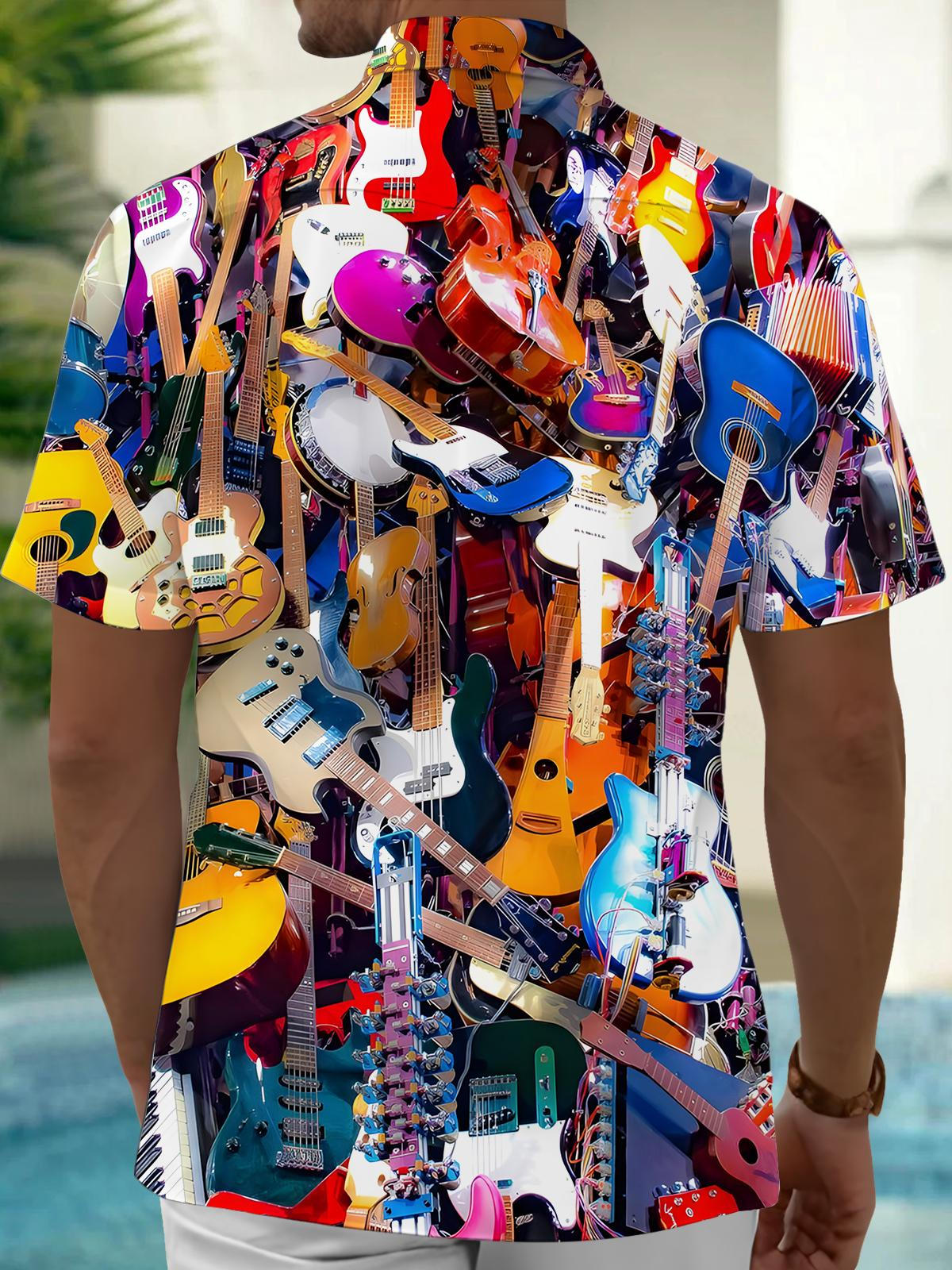 Musical Instrument Print Men's Pocket Short Sleeve Shirts