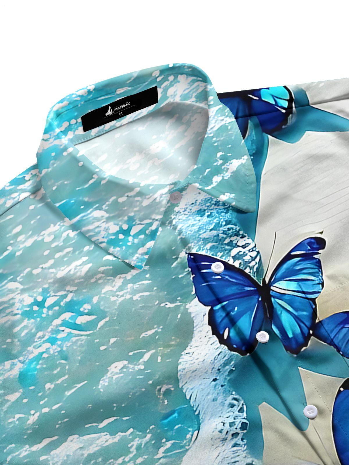 Butterfly Seawater Print Men's Pocket Short Sleeve Shirts