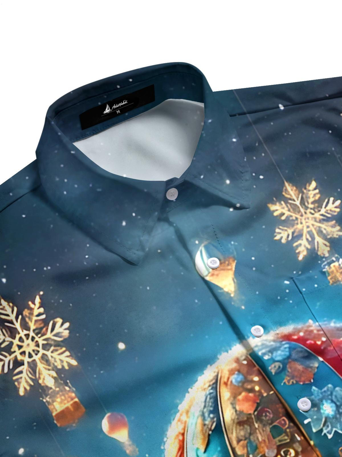 Winter Snow Scene Hot Air Balloon Print Men's Pocket Short Sleeve Shirts