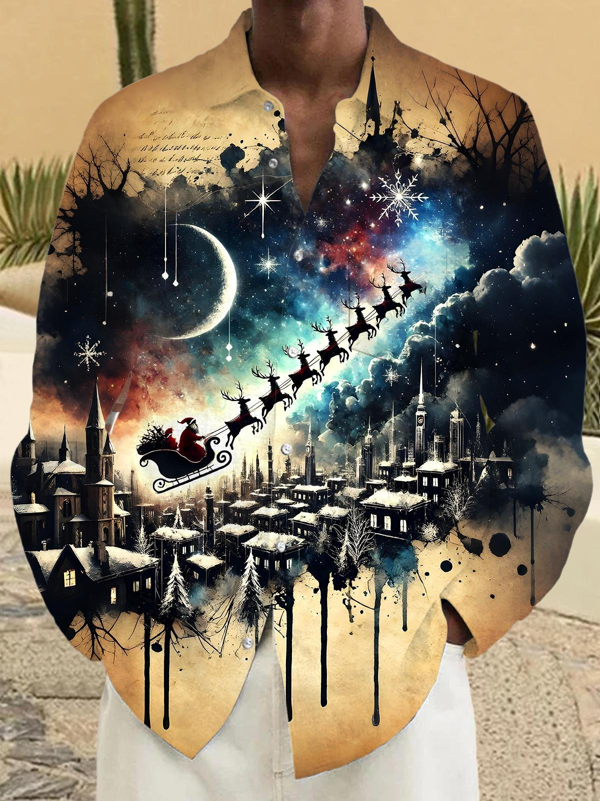 Christmas Santa Claus Deer Men's Pocket Long Sleeve Shirts