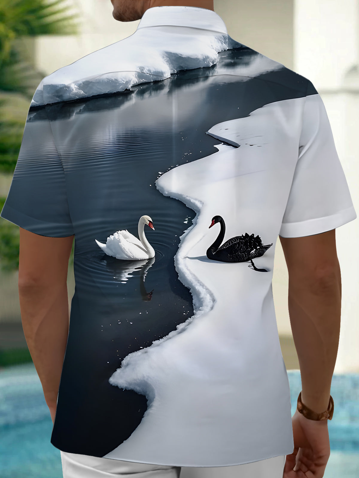 Swan Print Men's Pocket Short Sleeve Shirts