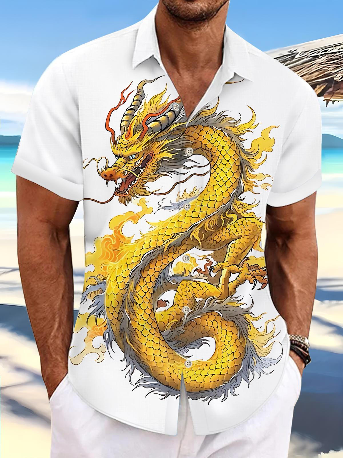 Dragon Print Men's Pocket Short Sleeve Shirts