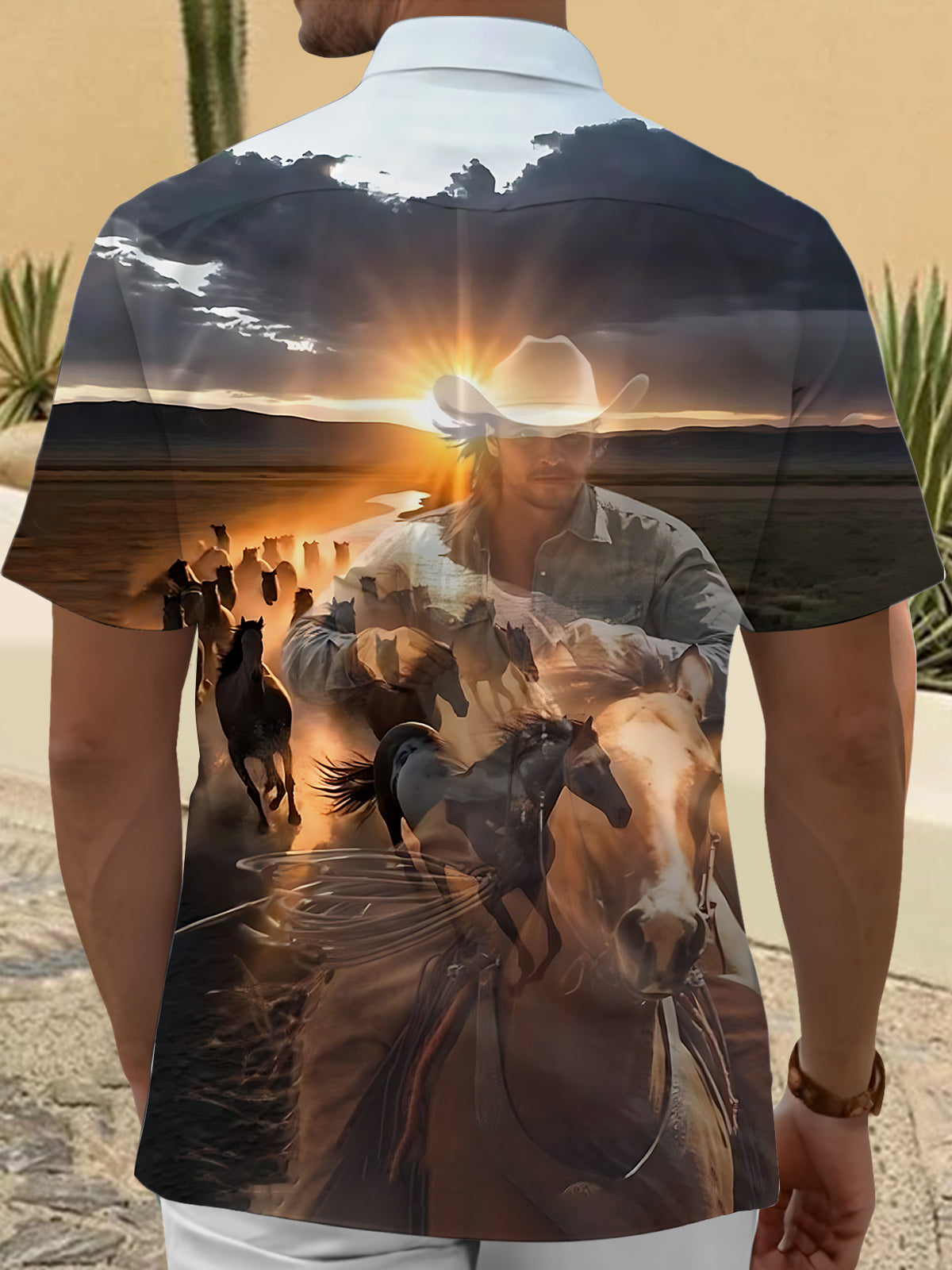Western Cowboy Horses Print Men's Pocket Short Sleeve Shirts
