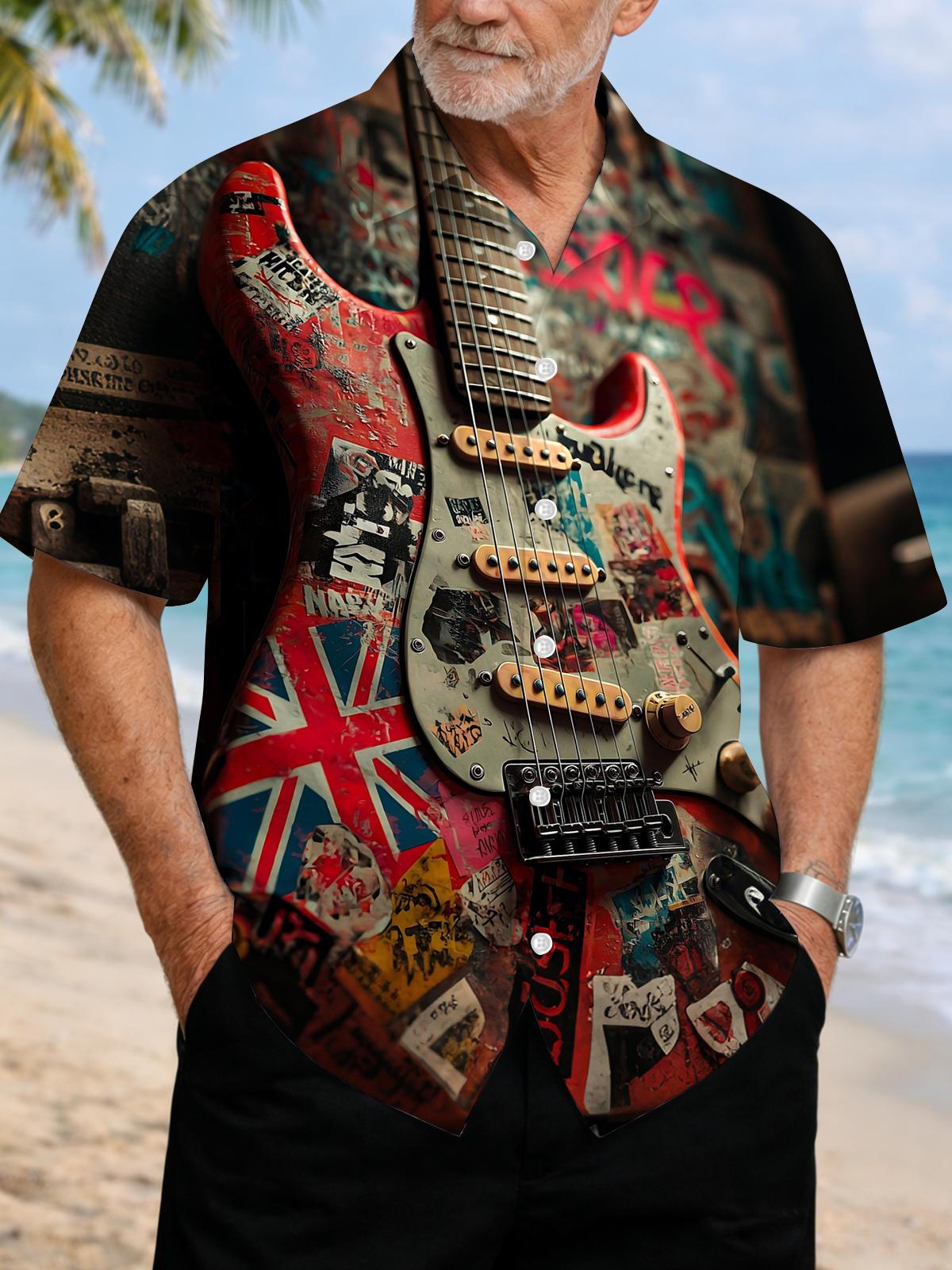 Guitar Print Men's Pocket Short Sleeve Shirts