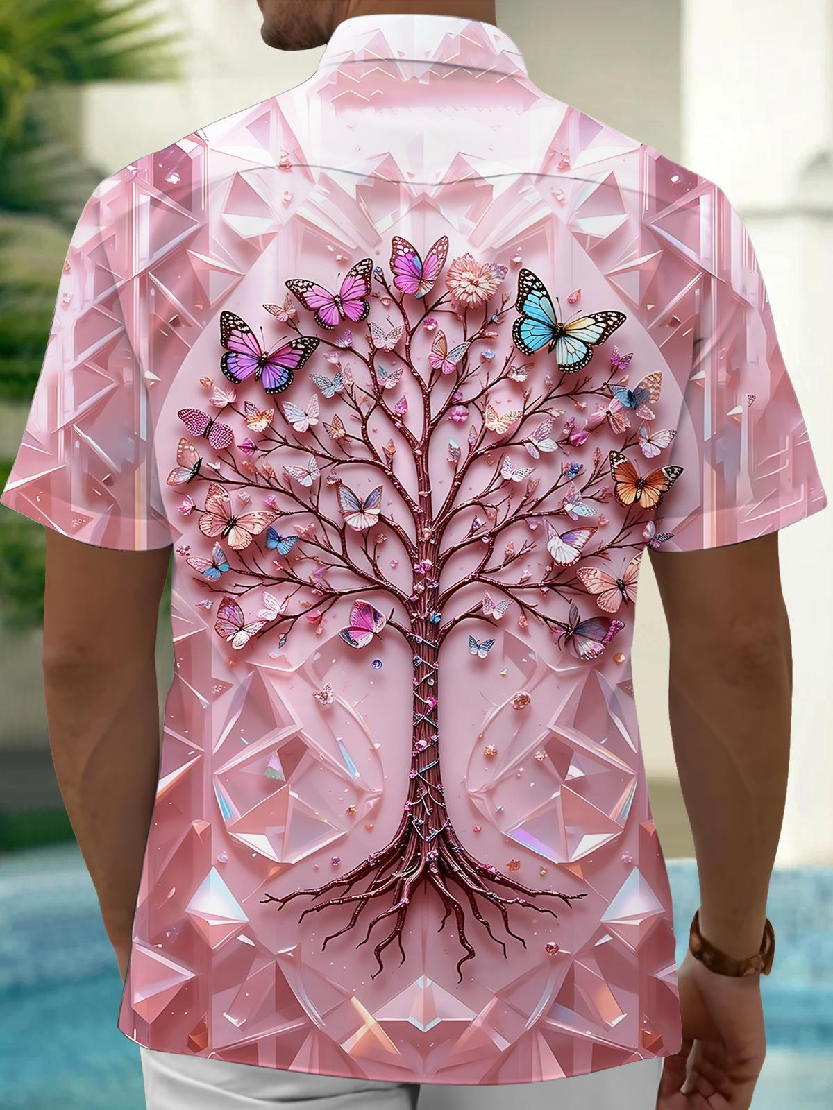 Butterfly Tree Print Men's Pocket Short Sleeve Shirts
