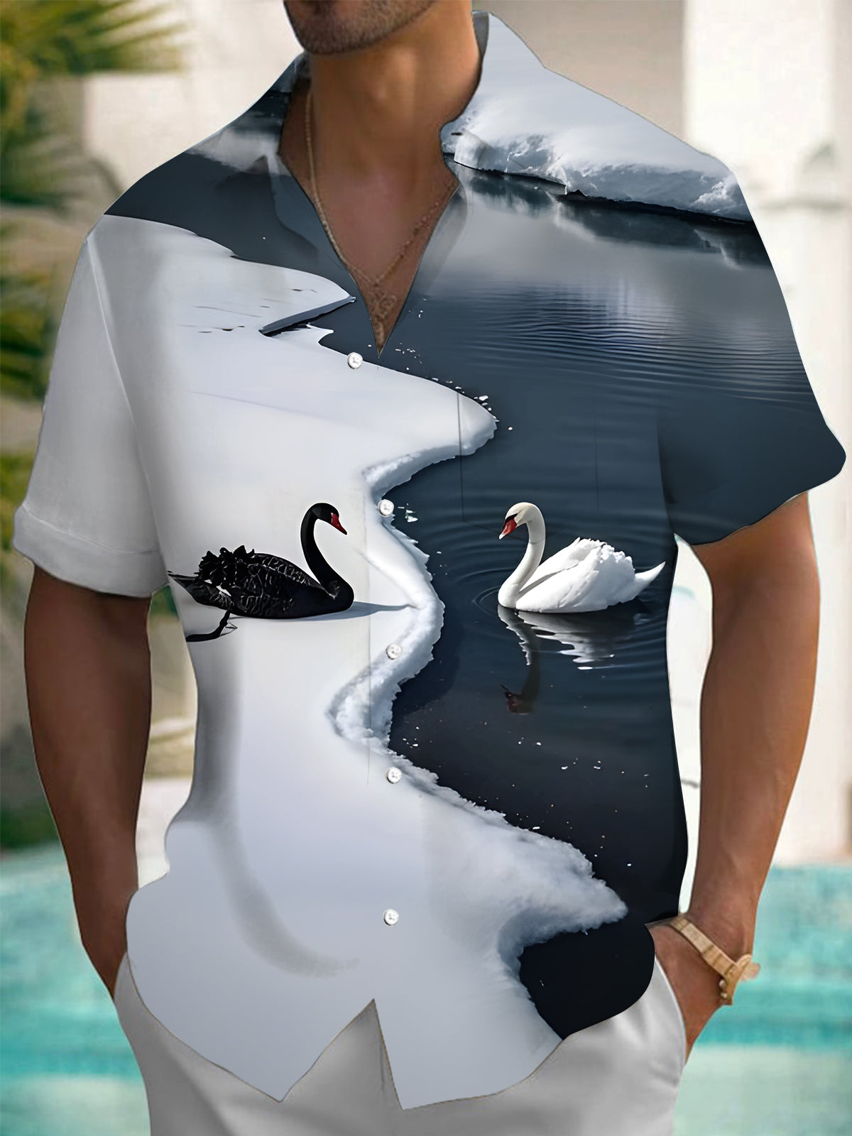 Swan Print Men's Pocket Short Sleeve Shirts
