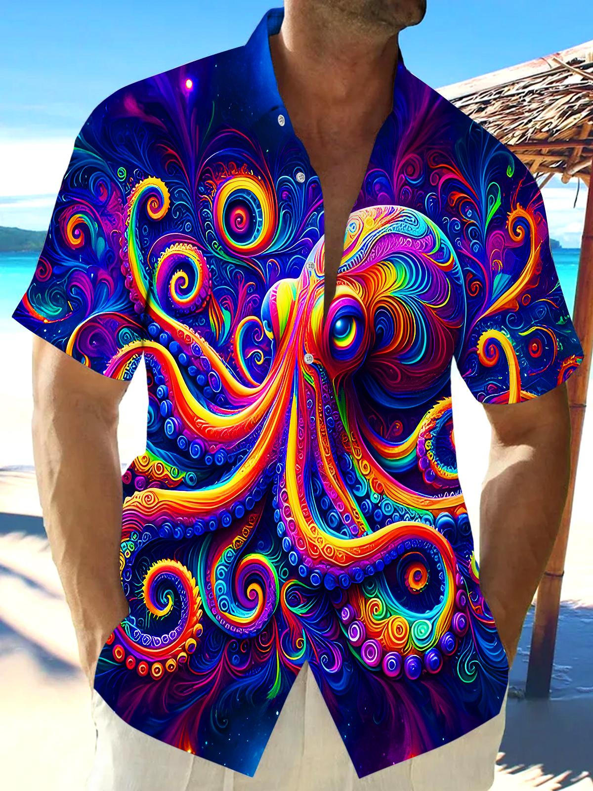 Colorful Octopus Swirl Men's Pocket Short Sleeve Shirts
