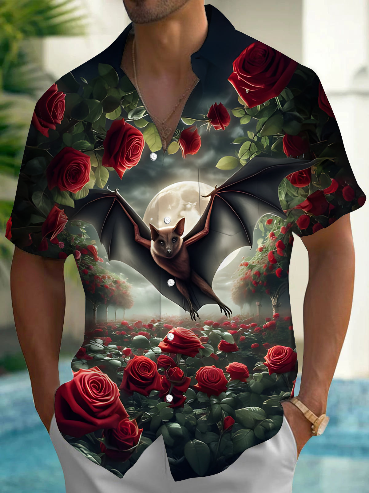 Bat Moon Print Men's Pocket Short Sleeve Shirts