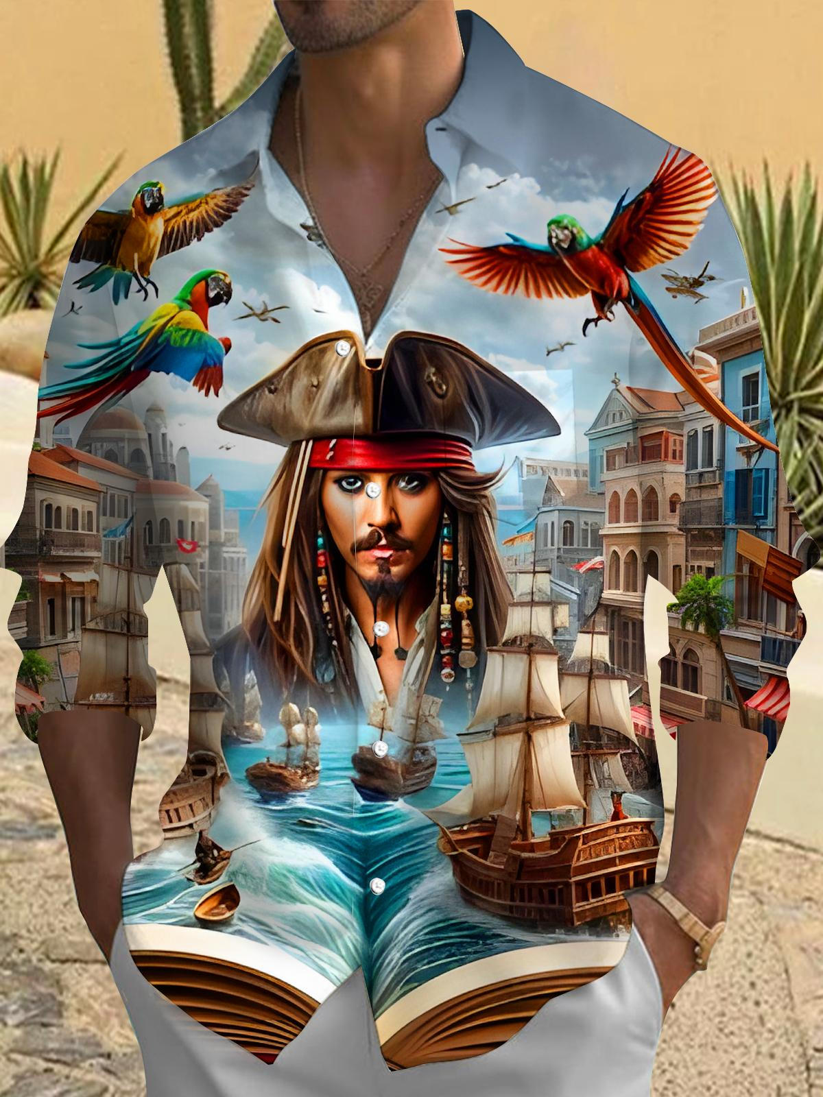 Pirate Parrot Ship Men's Pocket Long Sleeve Shirts