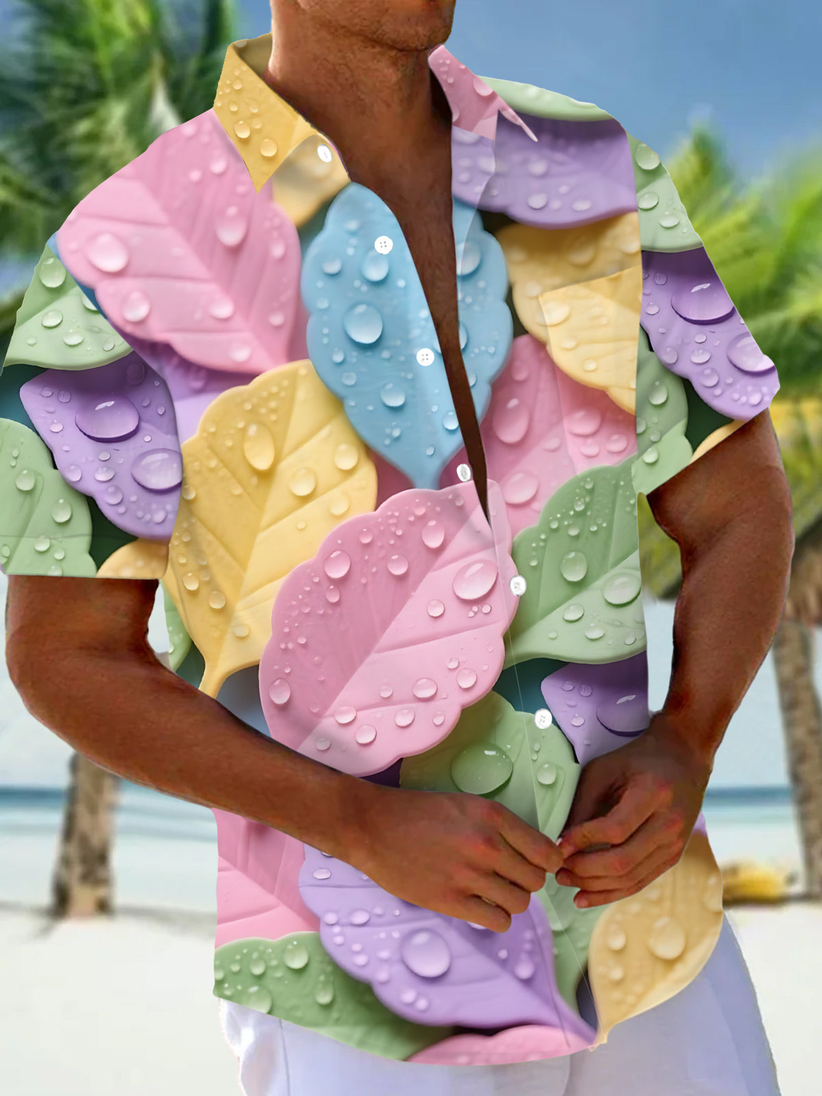 Colorful Leaf Print Men's Pocket Short Sleeve Shirts