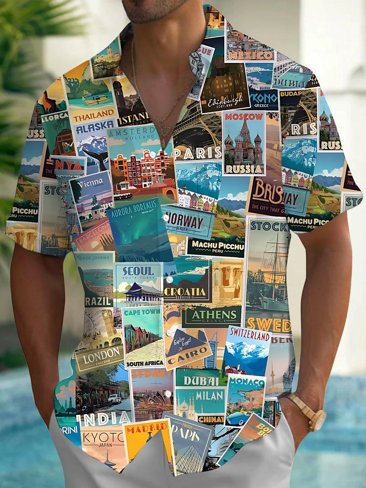 Travel Poster Print Men's Pocket Short Sleeve Shirts